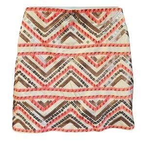 Express Pink Cream Gold Sequin Y2K Zig Zag Print Chevron Lined Mini Skirt Sz XS